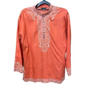 J. Crew Coral Embroidered Tunic Top Long Sleeve Mandarin Collar Womens Sz L READ